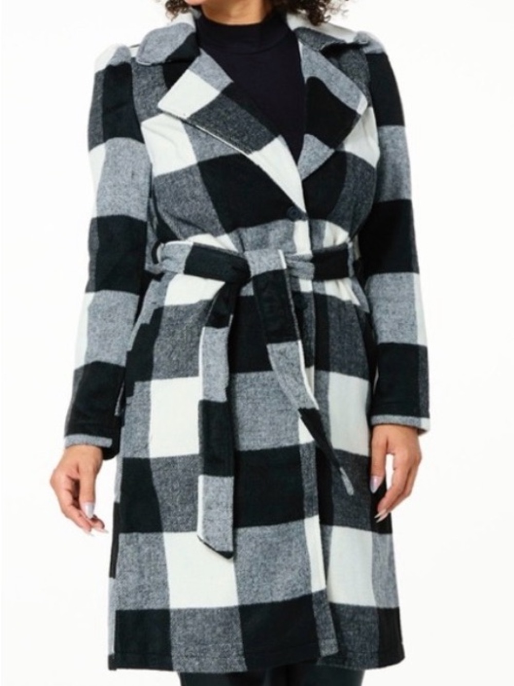 G by Giuliana Black and White Plaid Belted Robe Coat